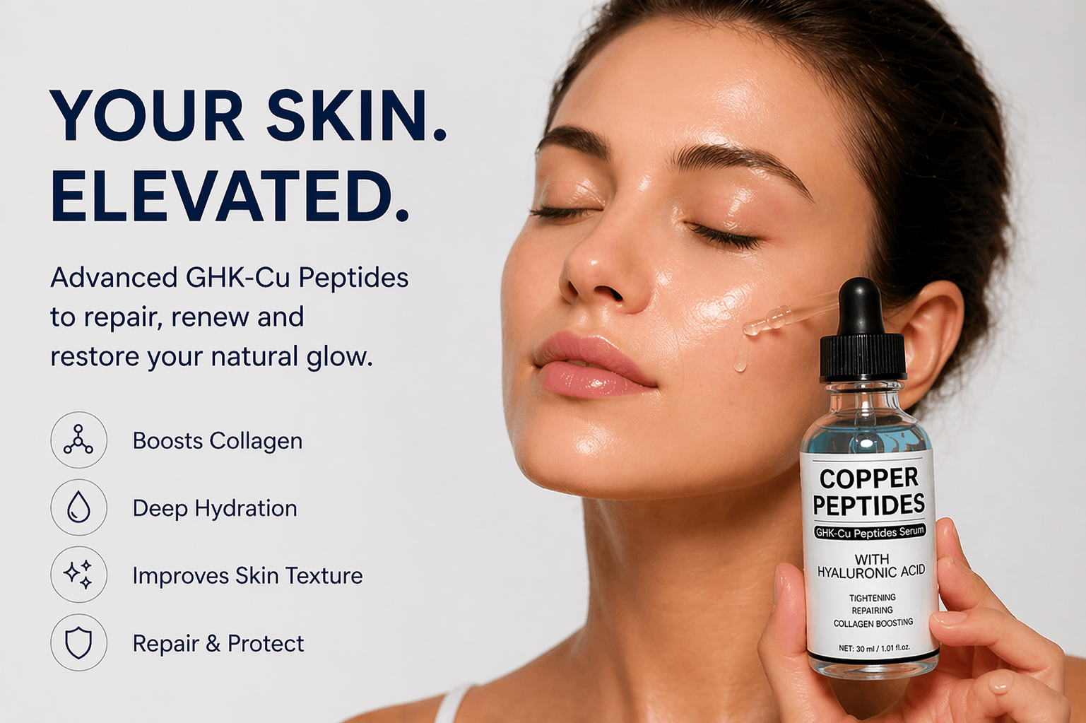 Your skin elevated — Cellovate Copper Peptides serum with model